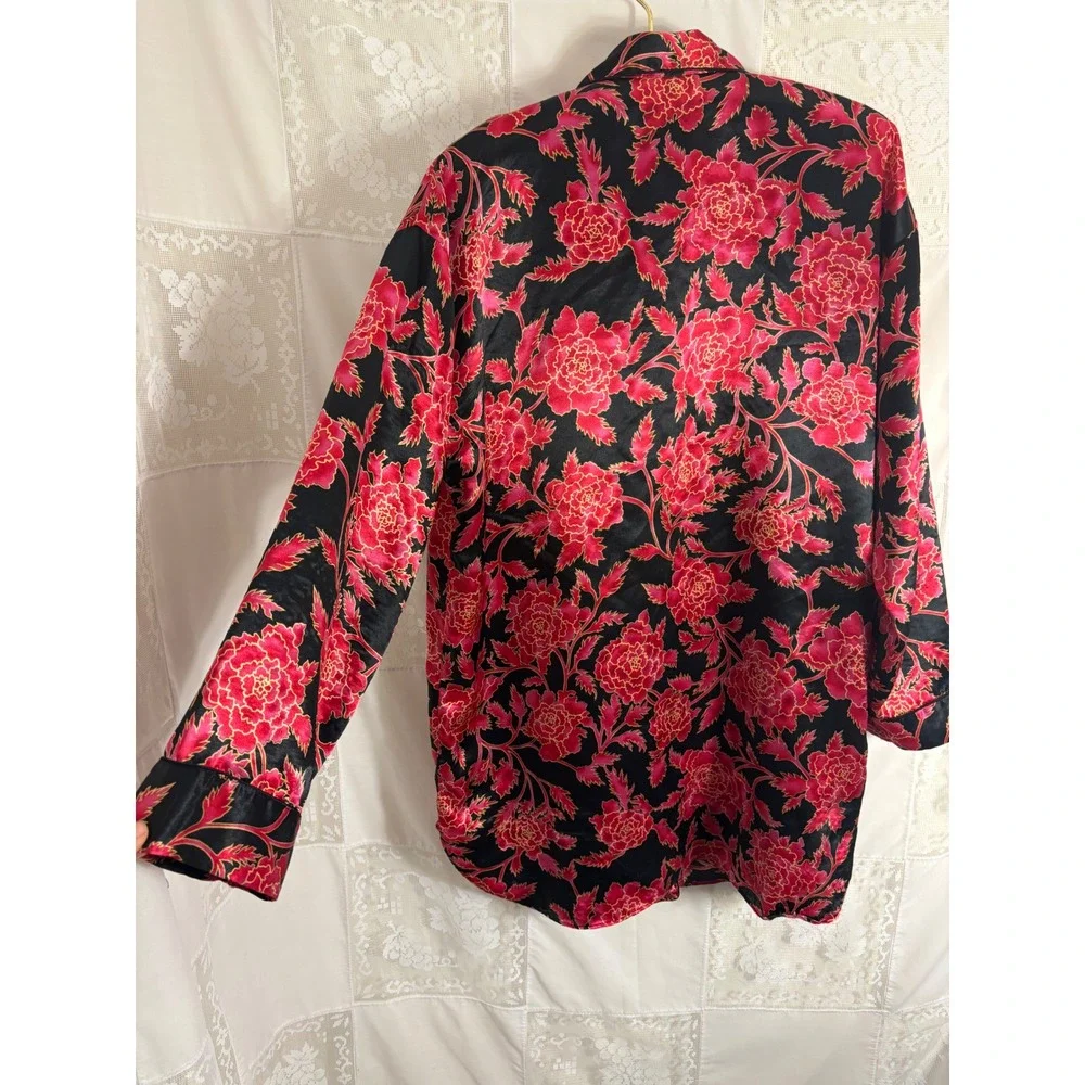 VTG Gold Label Victoria's Secret Black Red Floral Satin Button Up Robe Size L-XL